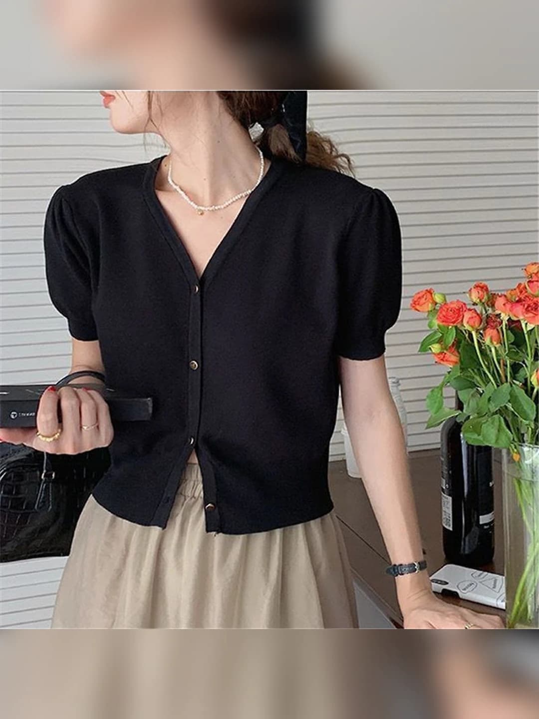 Women's thin slim fit cropped V-neck elbow-length sleeve solid colour black cardigan, summer 2026