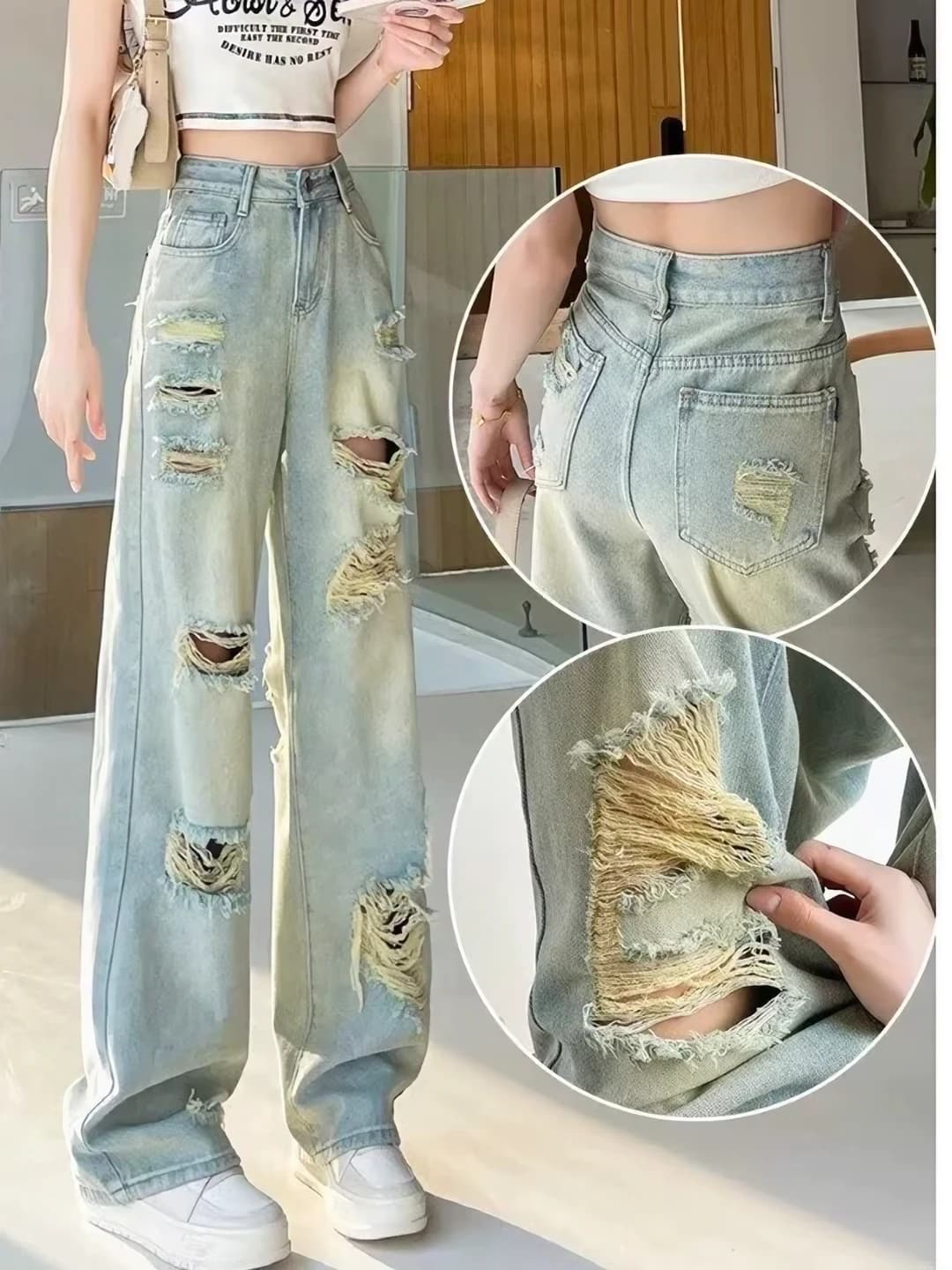 Women's wide and flared jeans, distressed, high waist, loose fit, straight cut, summer-autumn 2026