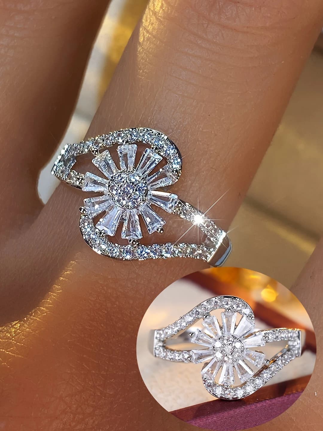Women's ring with artificial zircon and sunflower design