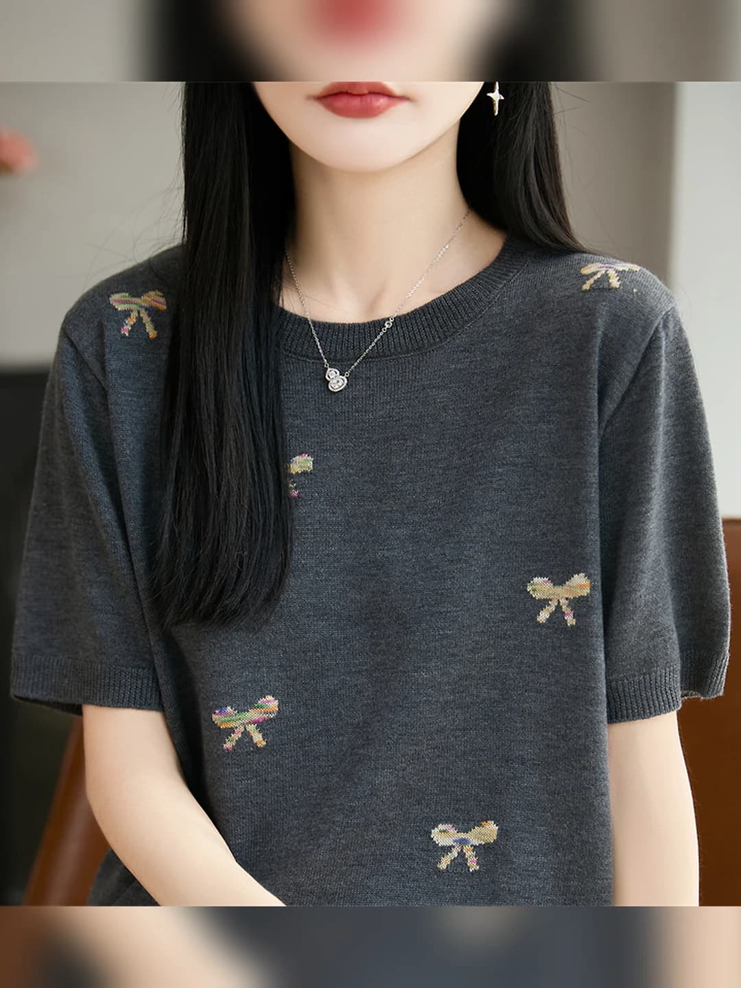 Women's 2026 embroidered solid colour thin ice-silk fabric knit top, short sleeve, loose fit, plus size