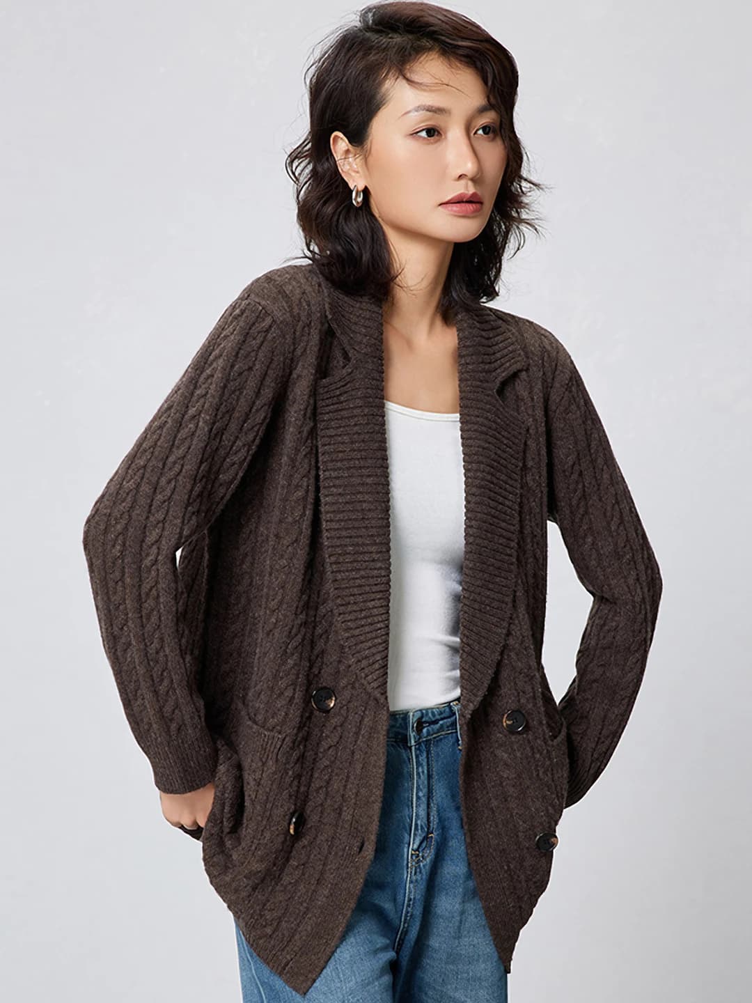 Women's 100% wool knit cardigan, autumn-winter, lapel collar, cable knit, double button, mid-length, loose fit