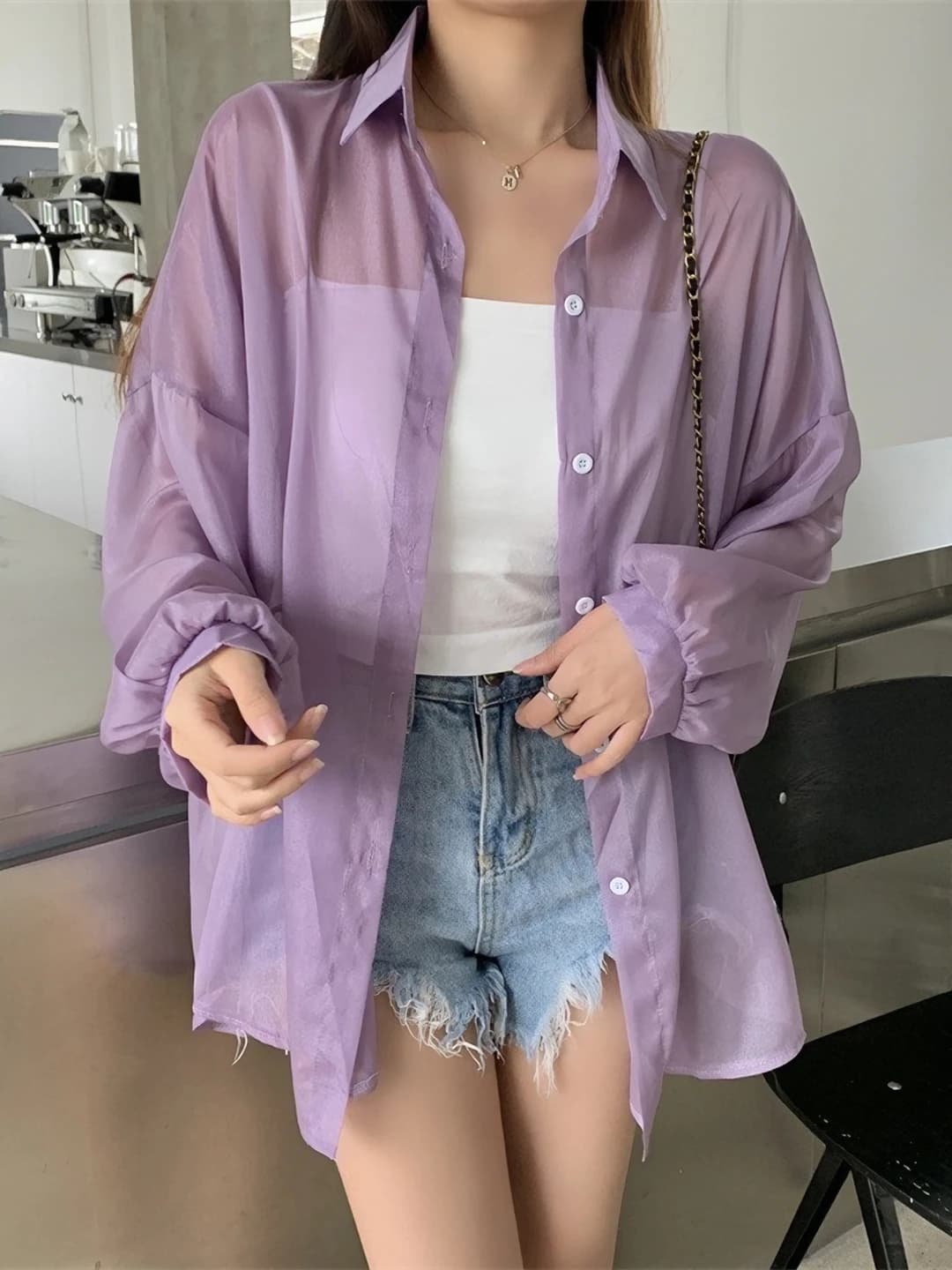 Women's 2026 summer thin ice-silk fabric sun-protective shirt, POLO collar, long sleeve, straight cut, mid-length, solid colour, casual style