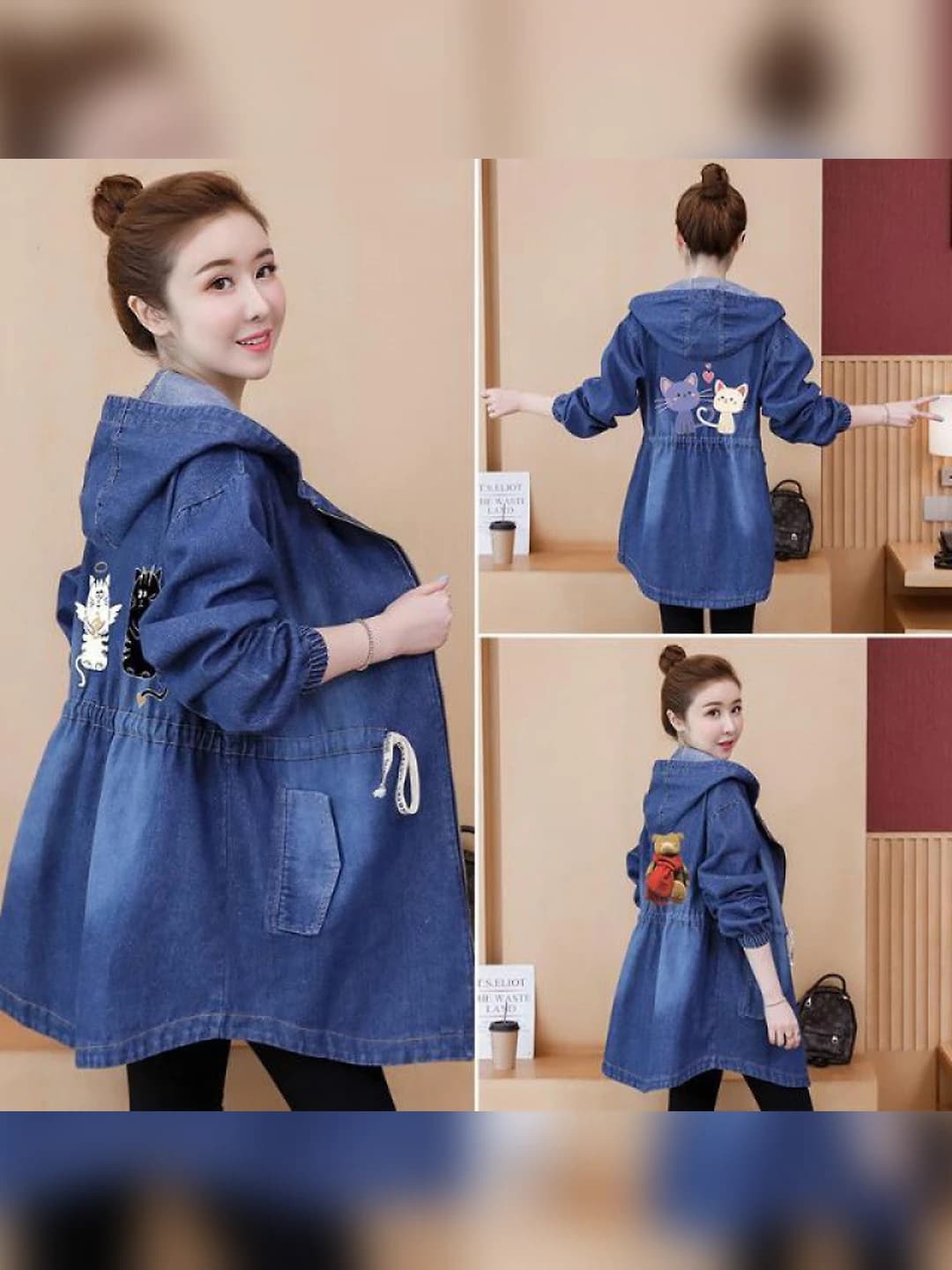 Women's autumn loose fit mid-length embroidered denim trench coat, long sleeve, hooded, for petite
