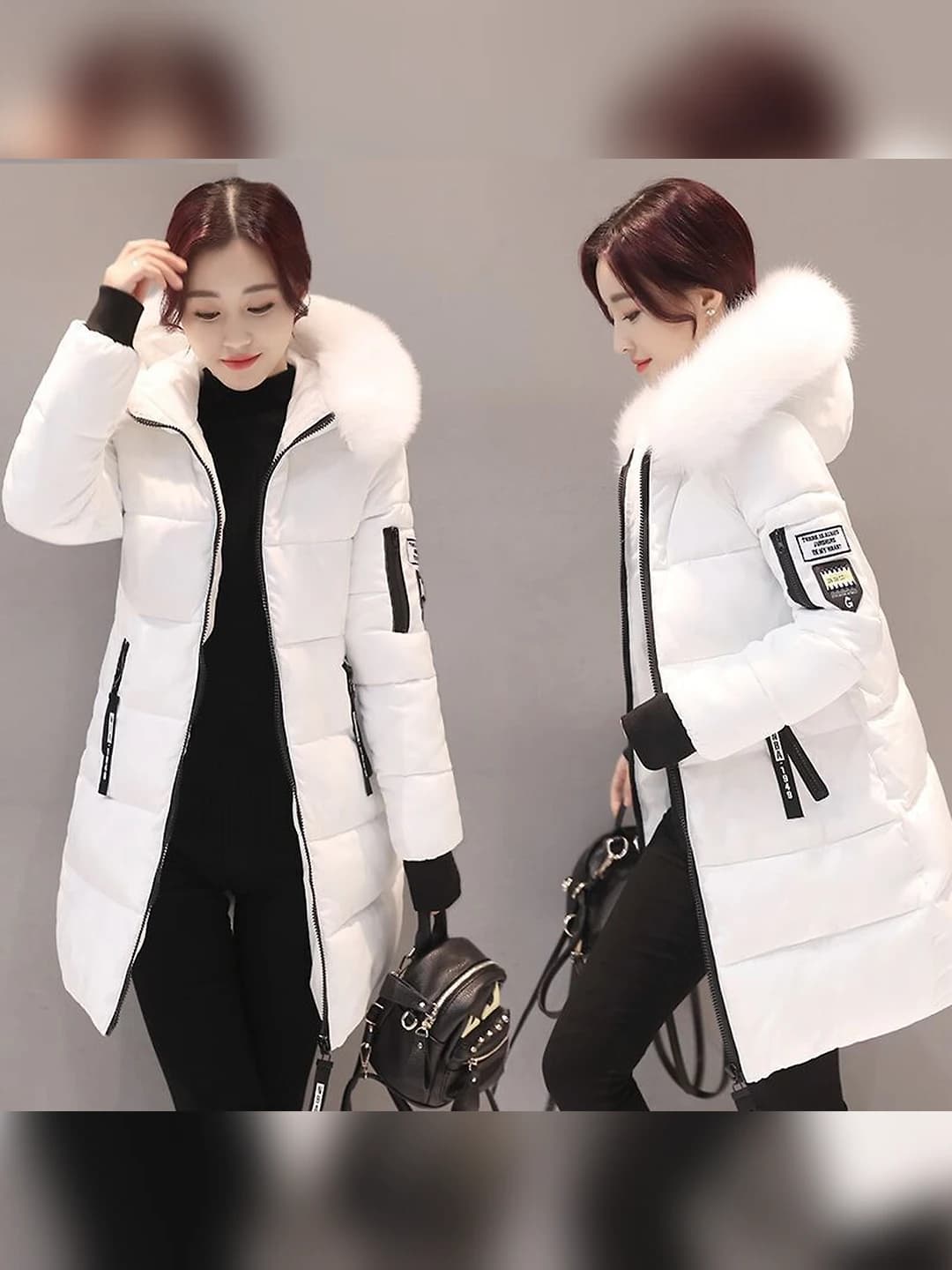 Women's mid-length winter coat, thickened down-alternative fill, slim fit, long sleeve, zip, Korean style