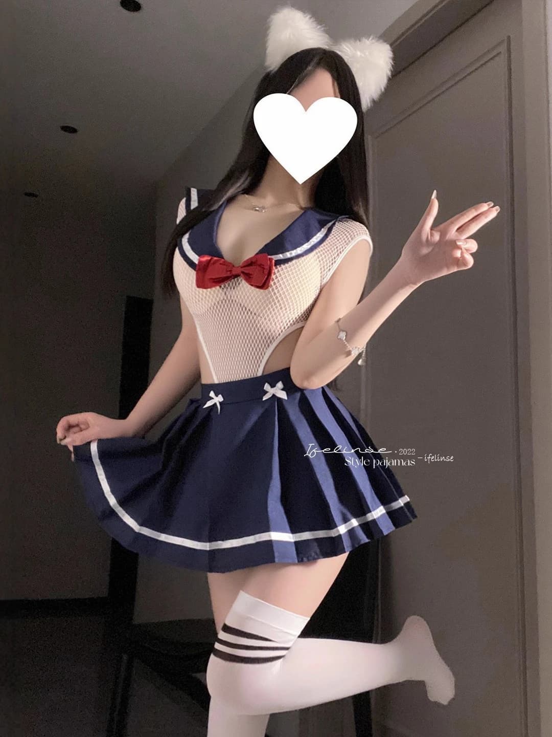 Women's lingerie and costumes: sailor-style erotic costume set, student and sailor role, tight fit, mesh fabric, polyester