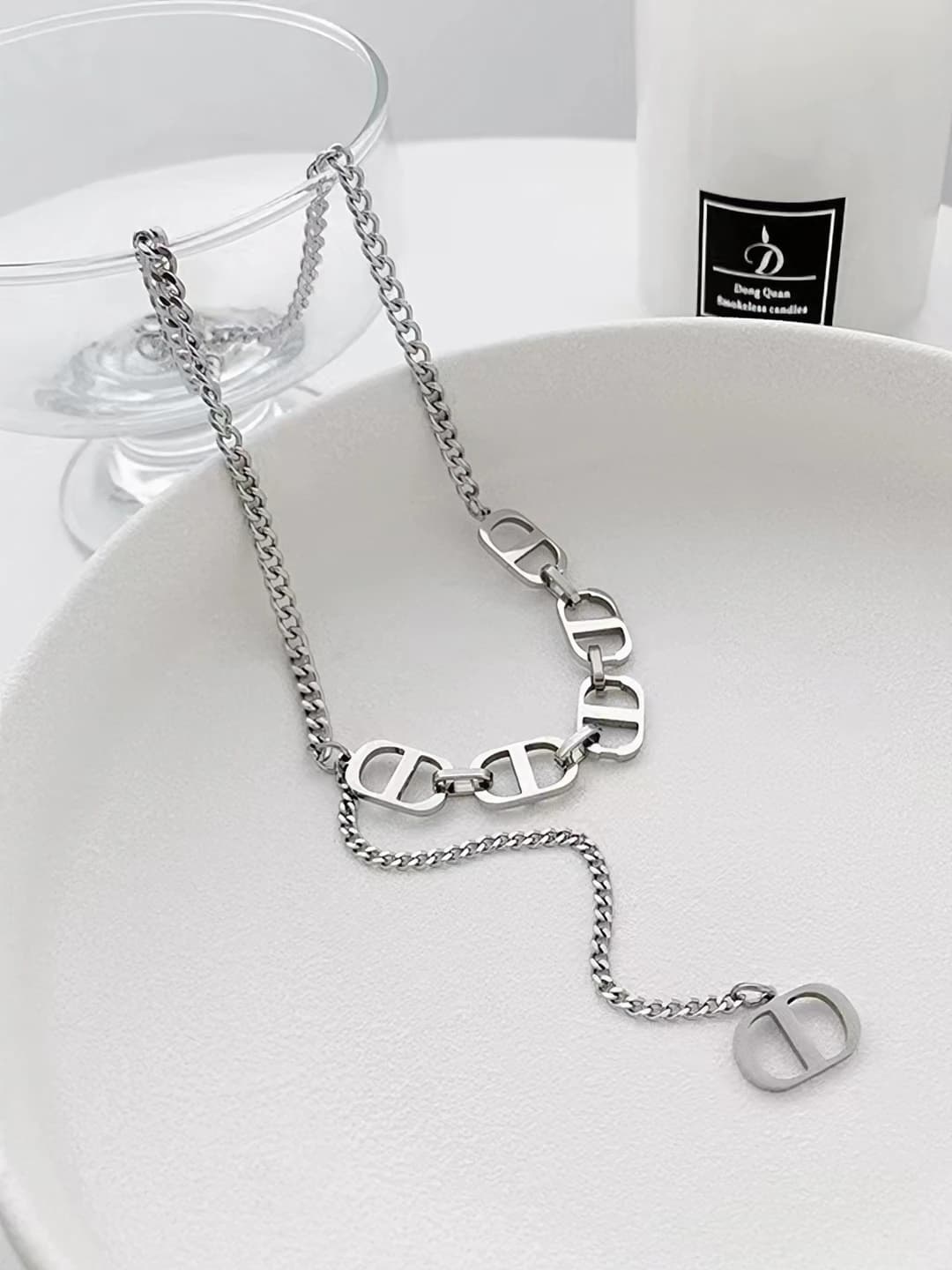 Women's titanium steel necklace with double ring and geometric shape