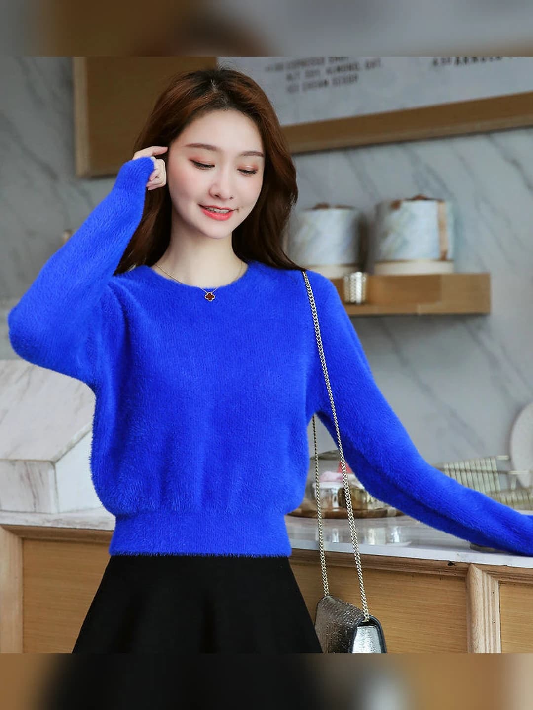 Women's sweater: spring-autumn, petite, crew neck, long sleeve, loose fit, cropped, solid colour, high waist, 2026