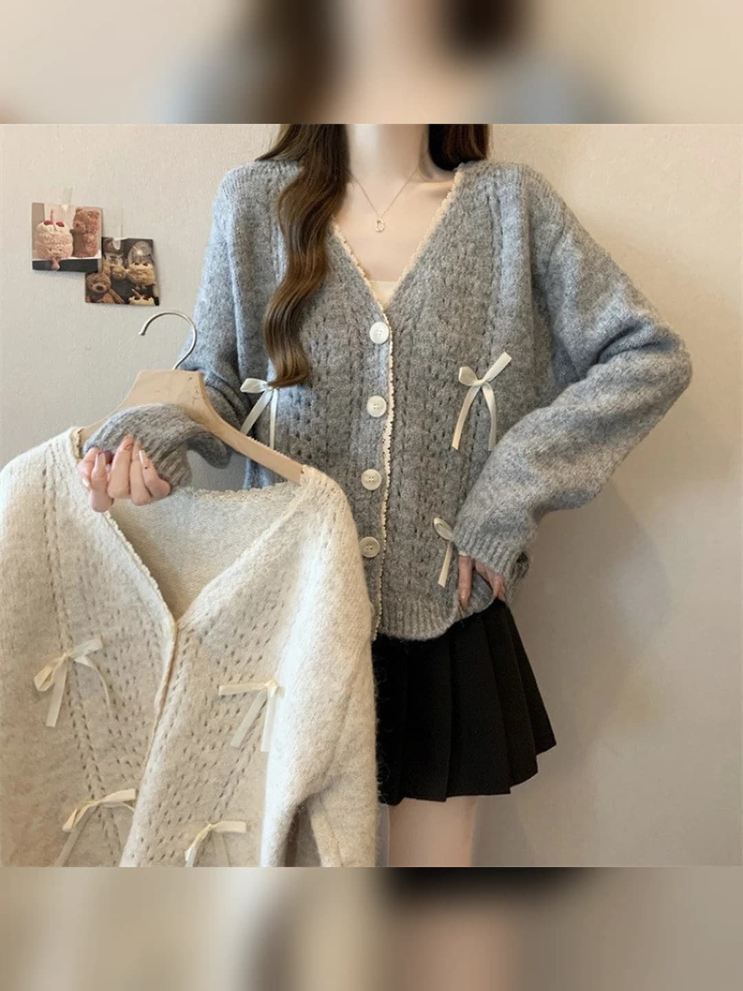 Women's autumn knit cardigan, V-neck, long sleeve, loose fit, bow pattern, sweet style