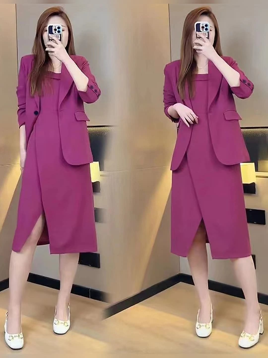 Women's blazer and dress set, 2026 spring-autumn, plus size, loose fit, long sleeve, solid colour, casual style
