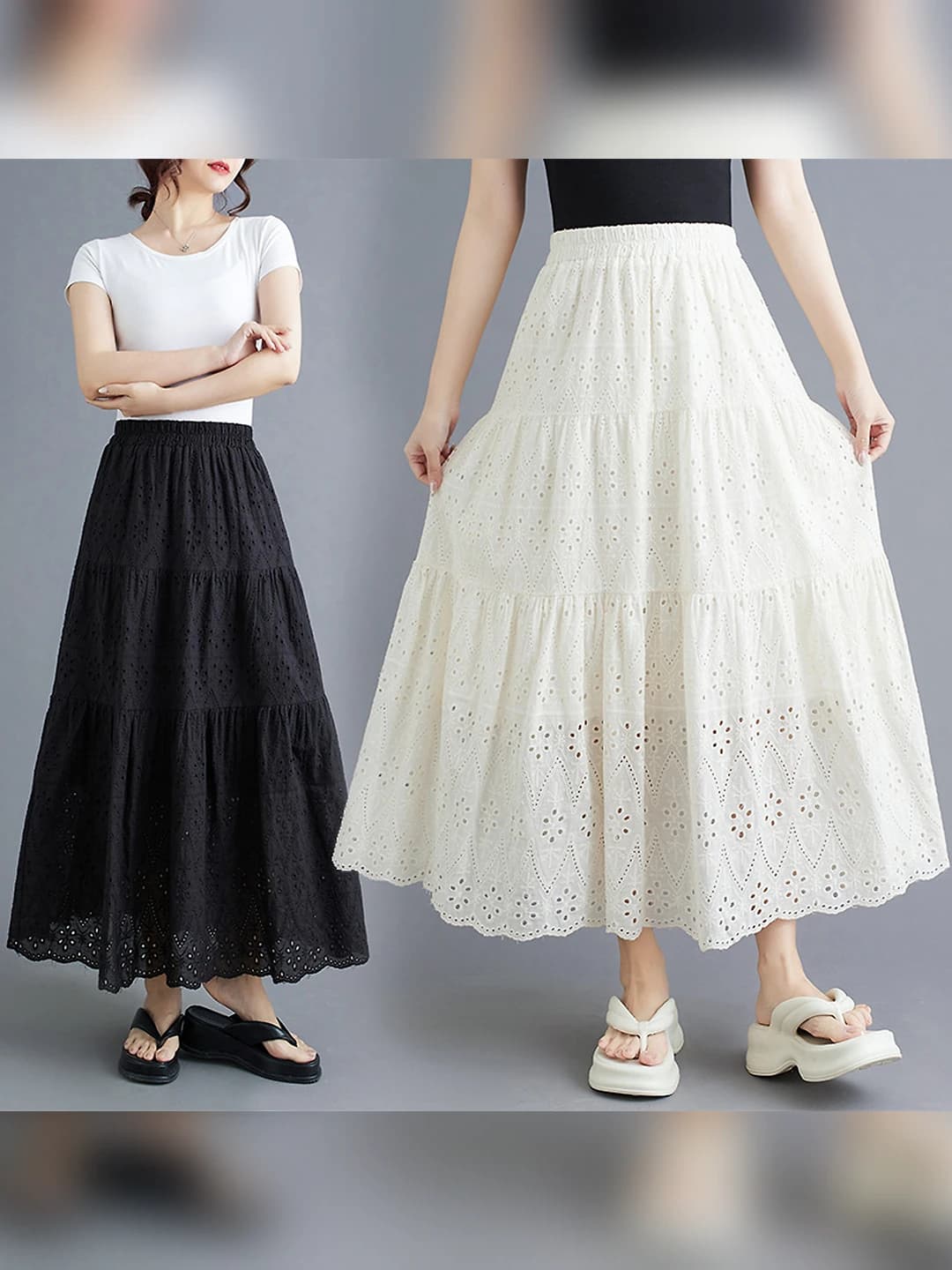 Women's solid colour A-line wide skirt with embroidery and cut-out design, Summer 2026