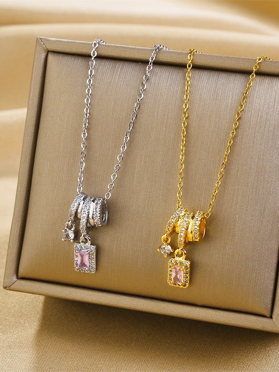 Women's titanium steel necklace with square tassel pendant and zirconia