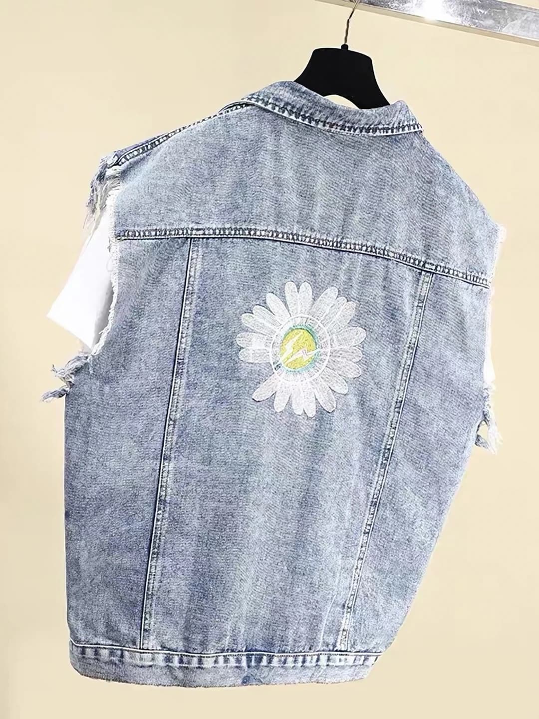 Women's embroidered daisy denim vest, spring-autumn, Korean style, loose fit, lapel collar, solid colour, cardigan, OL style
