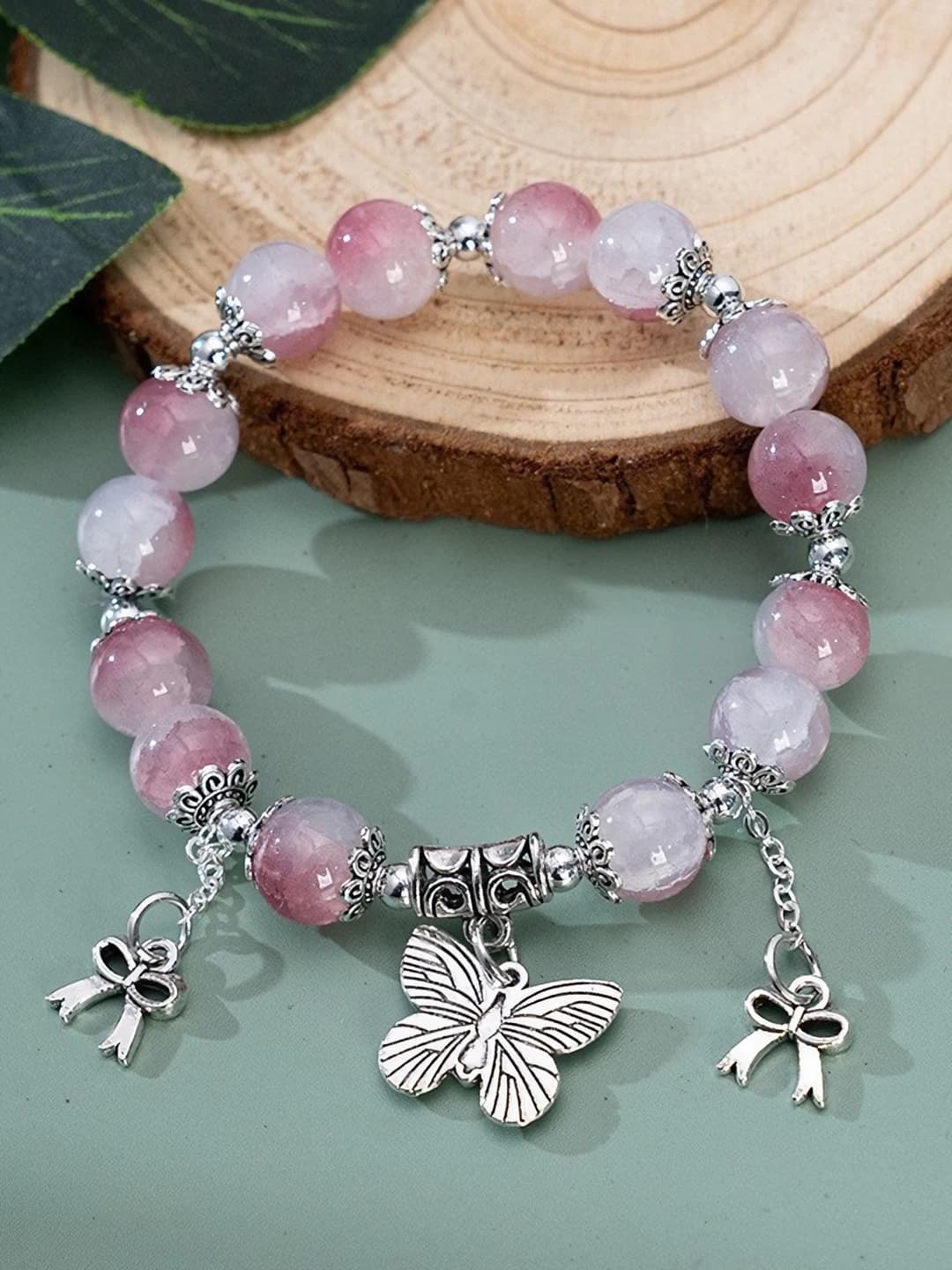 Jade crushed pink-white butterfly double tassel