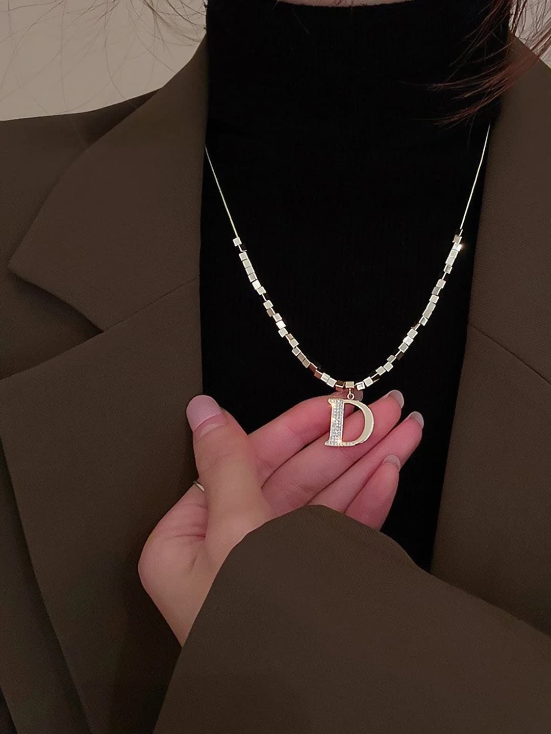 Women's square letter D pendant chain, titanium steel, sweater chain