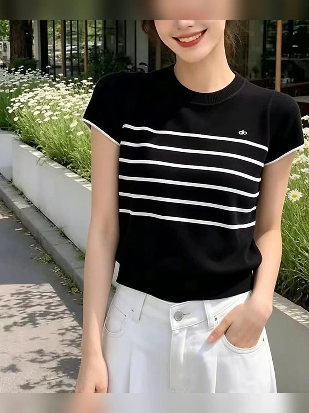 Women's summer crew neck short sleeve striped knit top in ice-silk fabric, slimming