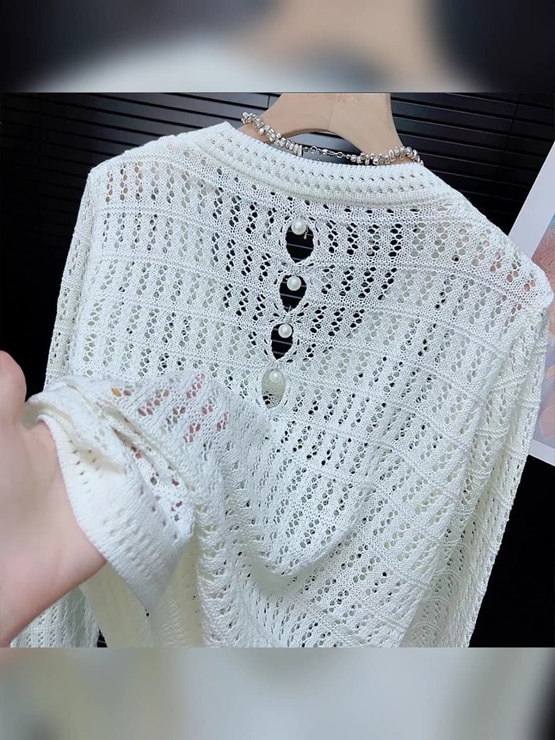 Ayollar uchun bahor-kuz uzun yengli dumaloq yoqali bo'sh (oversize) kesimli 3D naqshli ochiq ishlovli sviter pullover