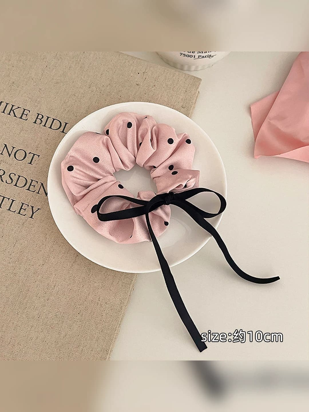 2# Polka dot pink bow ribbon hair tie - ~10 cm