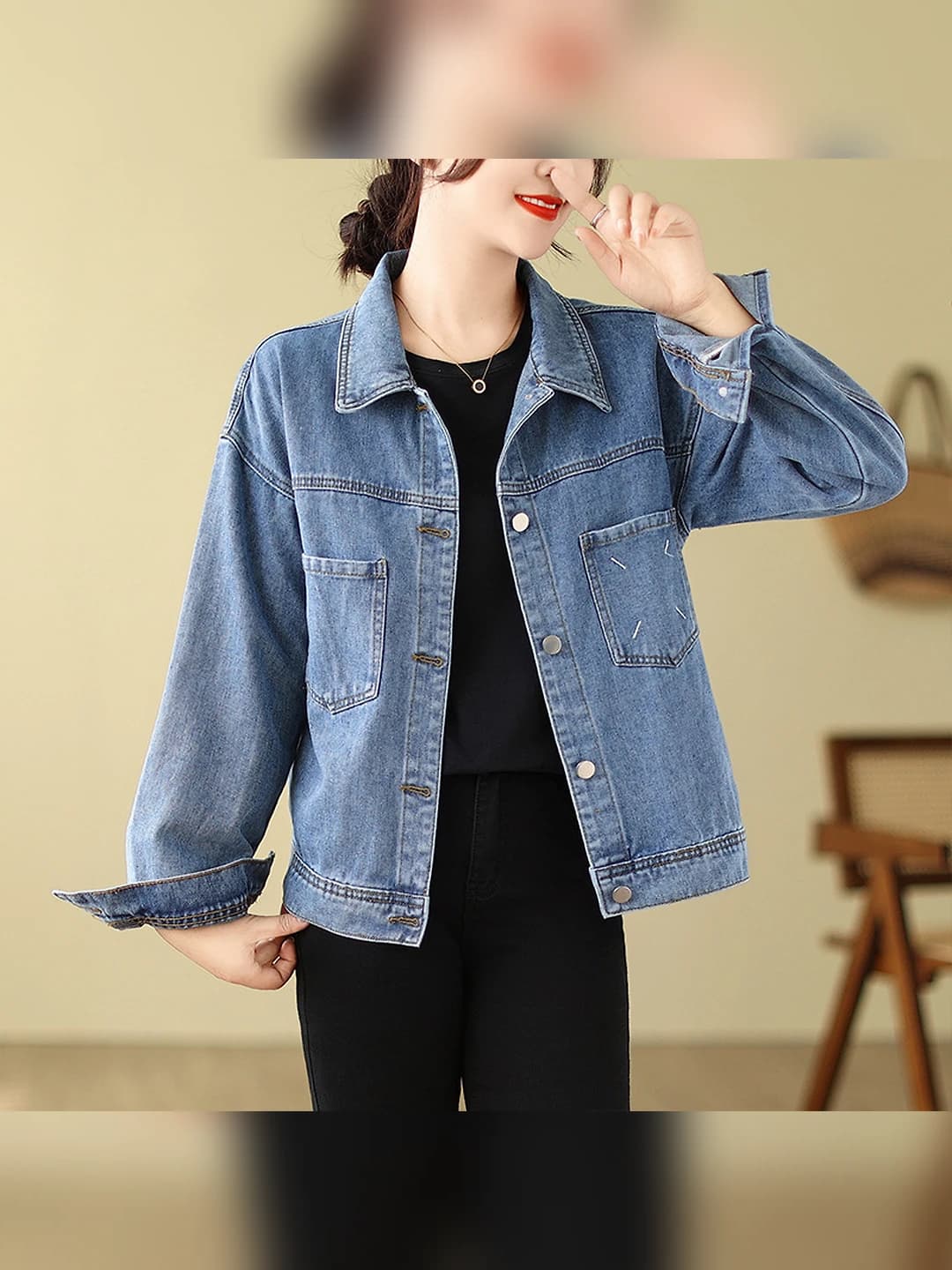 Ayollar uchun bahor-kuzgi koreys uslubidagi kundalik denim kurtka, bo'sh (oversize) kesim, uzun yeng, POLO yoqa, bir rangli