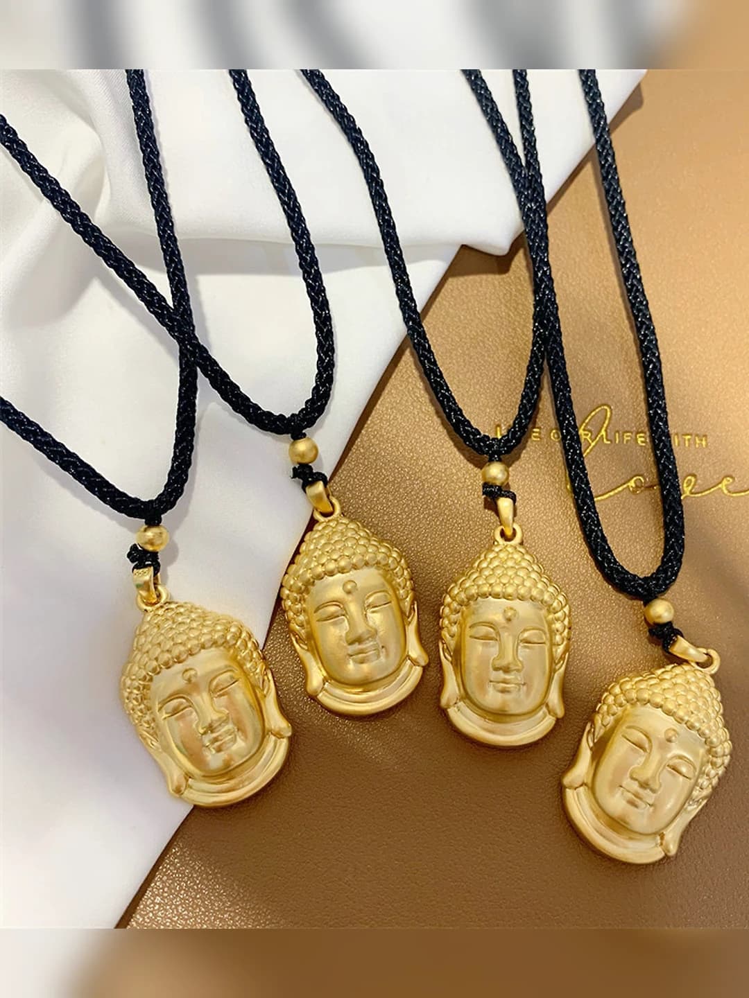 Women's Buddha head pendant choker necklace, black cord, adjustable