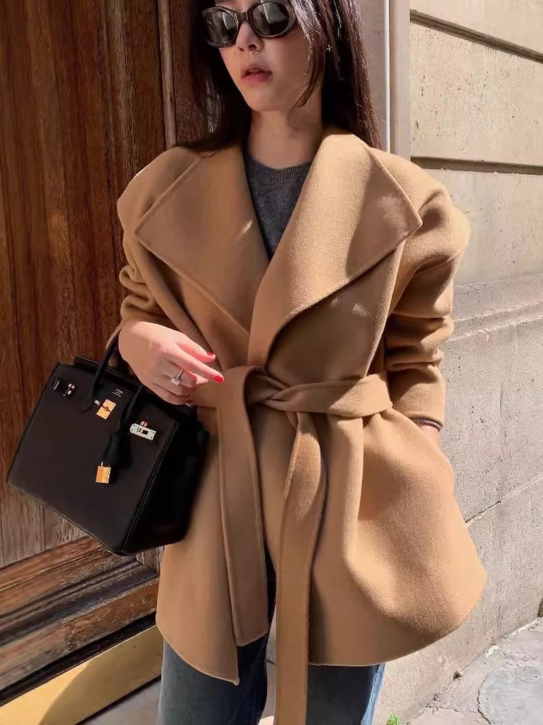 Women's autumn-winter outerwear (coat), solid colour, lapel collar, long sleeve, slimming, mid-length, closure: one button, casual style, sleeve type: horn, thickness: medium, main fabric composition: polyester, fit: skirt