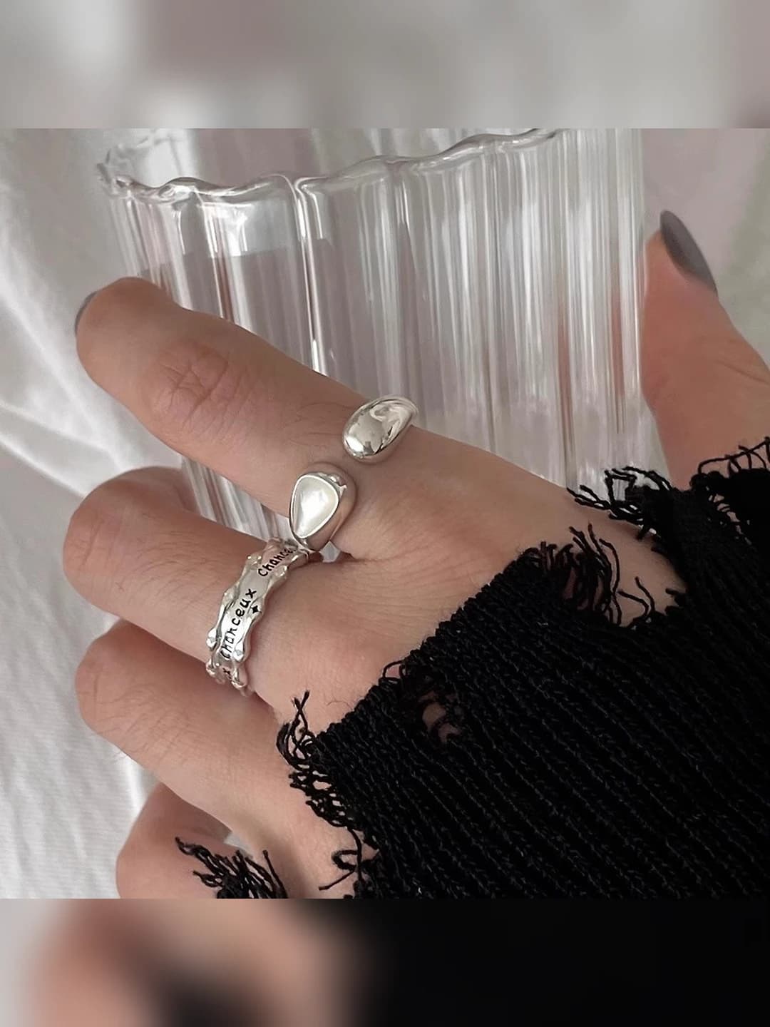 Women's letter ring, luxury style, open ring in shell drop shape, geometric design