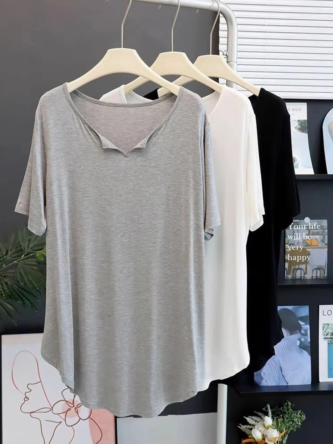 Women's summer thin modal V-neck short sleeve t-shirt, solid colour, loose fit, mid-length, casual and commute style