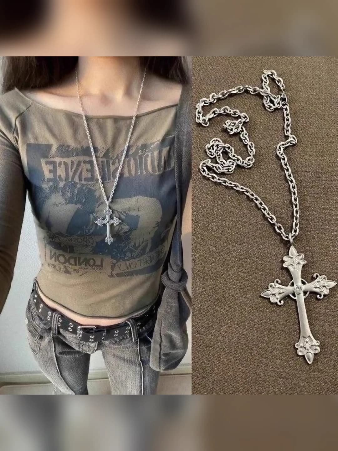 Ayollar uchun koreya uslubidagi kumush rangdagi xoch belgili retro punk uzun zanjirli qo'lda ishlangan qo'shik