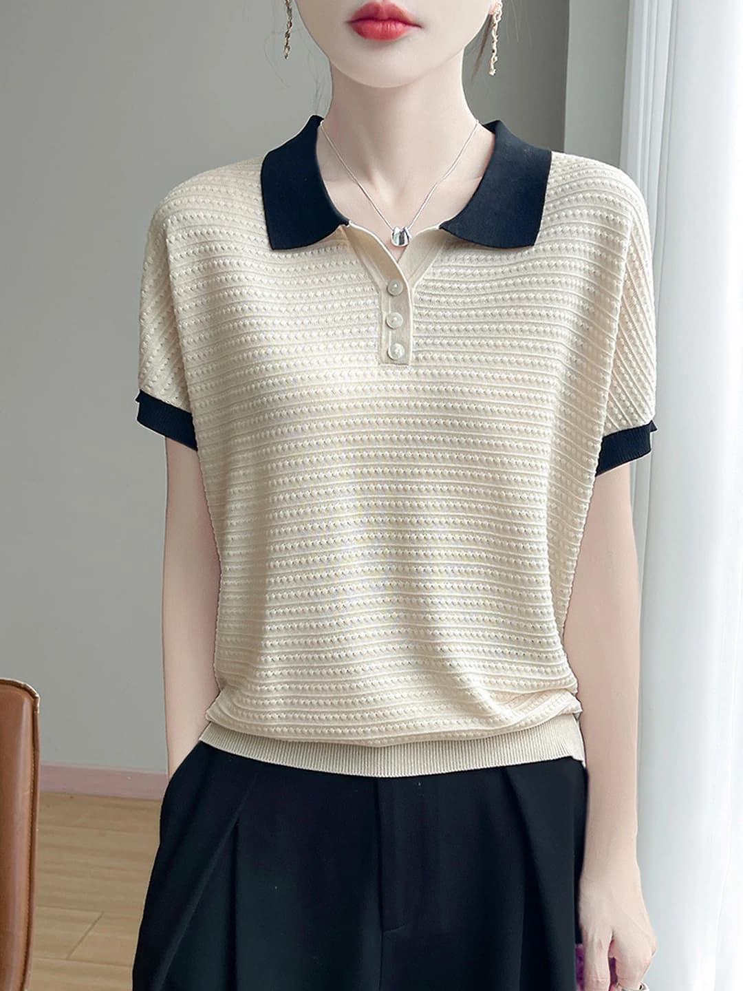 Ayollar uchun 2026 yozgi polo ko'ylagi, Tencel mato, kalta yeng, bo'sh (oversize) kesim, nozik ko'rsatadigan, quyoshdan himoyalovchi