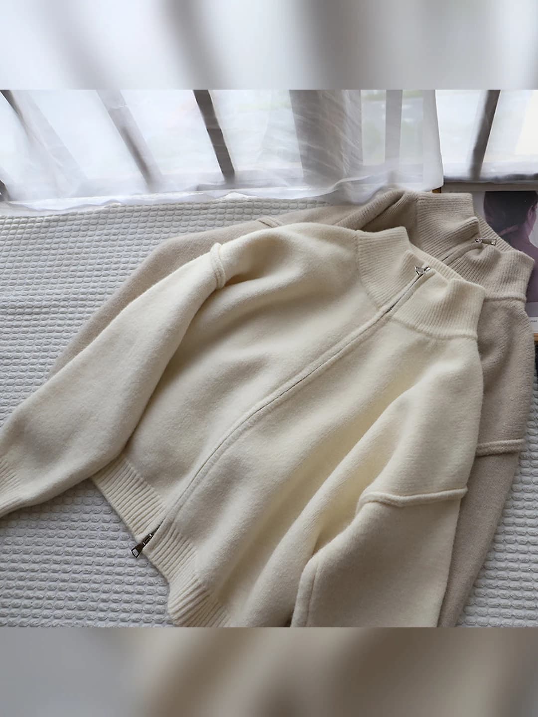 Women's Korean style stand collar double zip knit cardigan, 2026 autumn-winter, loose fit, solid colour, thick, long sleeve