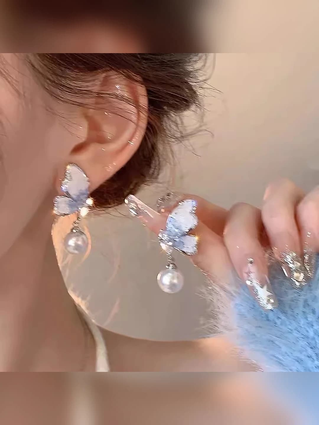 Women's butterfly drop earrings with pearl and crystals, 925 silver, Korean style