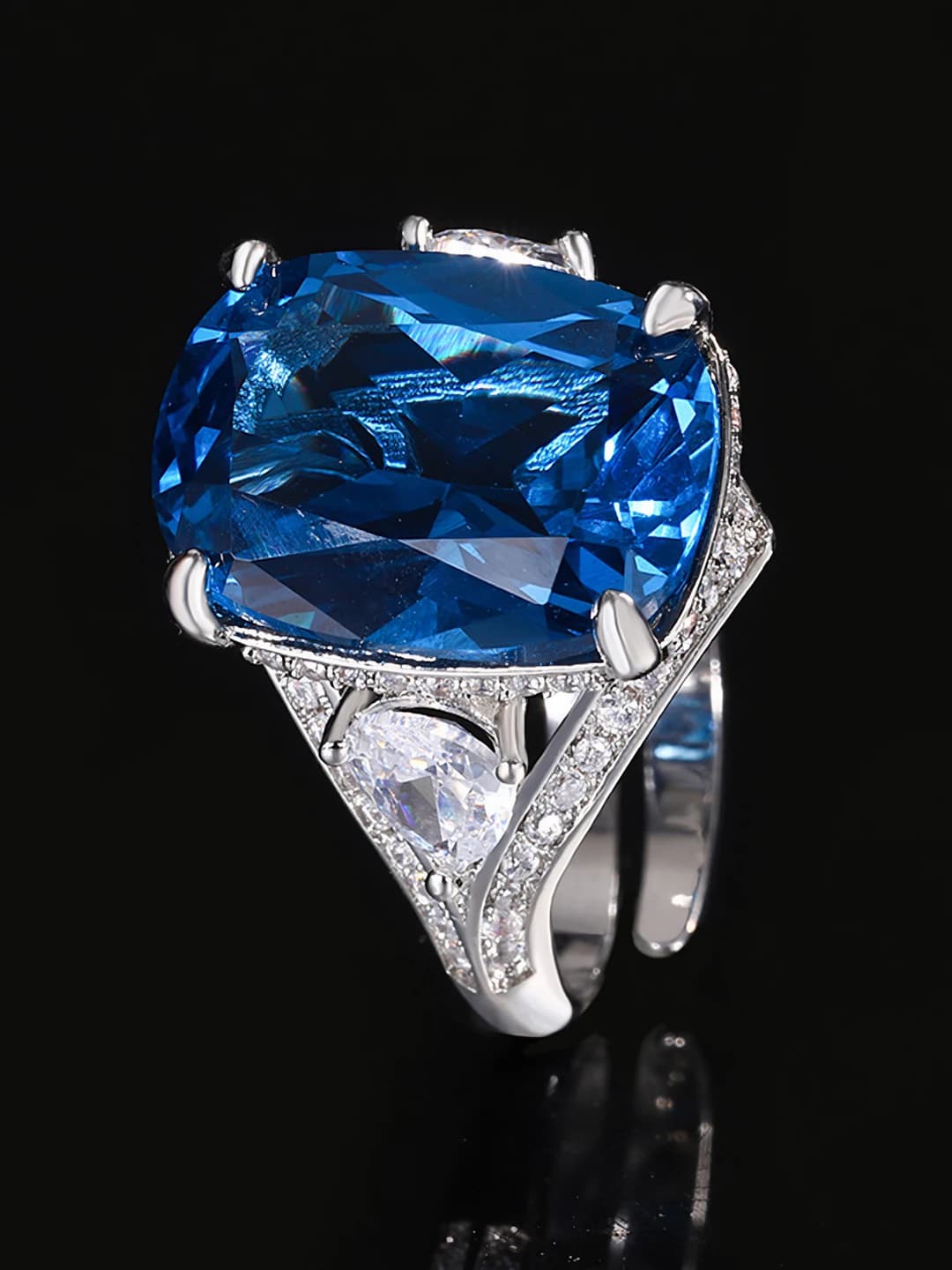 Women's retro ring with blue zircon 12*16 mm, gold-plated brass