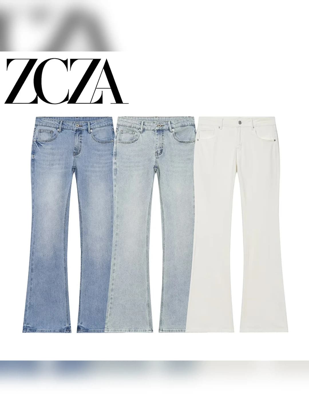 Women's wide and flared jeans, low waist, trousers, straight cut, 80%–90% polyester, no fleece, non-stretch, medium thickness, 3D design element, craft, general style