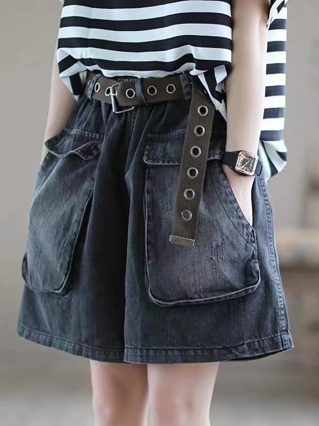 Women's denim skirt with elastic waist, summer, Korean style, loose fit, short shorts, wide-leg trousers, casual