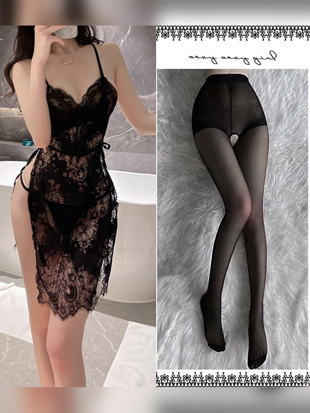 Black nightgown + T-thong + Black open crotch tights