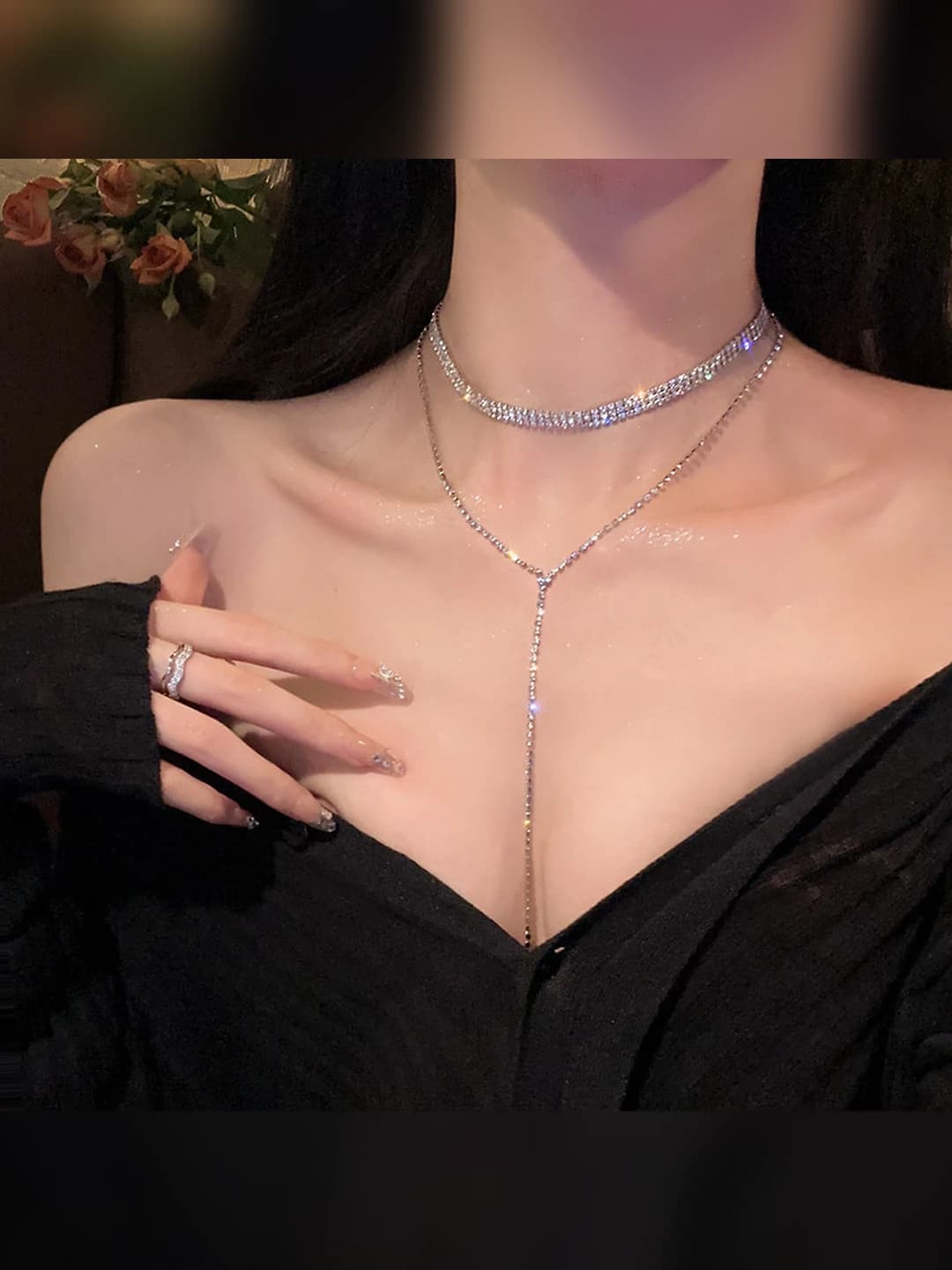 Women's two-layer full diamond very shiny tassel necklace, light luxury, unique design, high-end clavicle chain