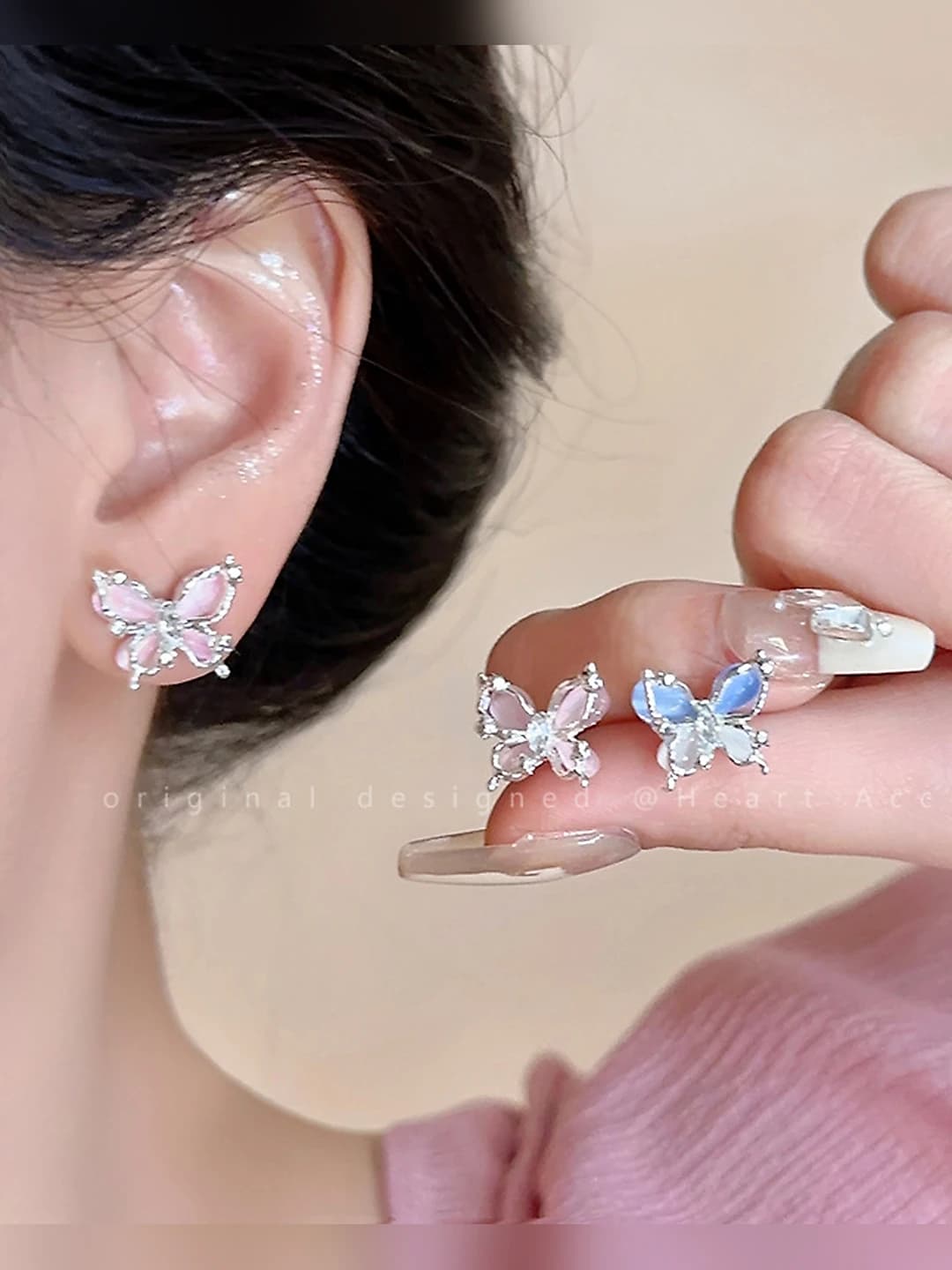 Женские серьги с бабочкой из кошачьего глаза на штифтах из серебра 925 пробы