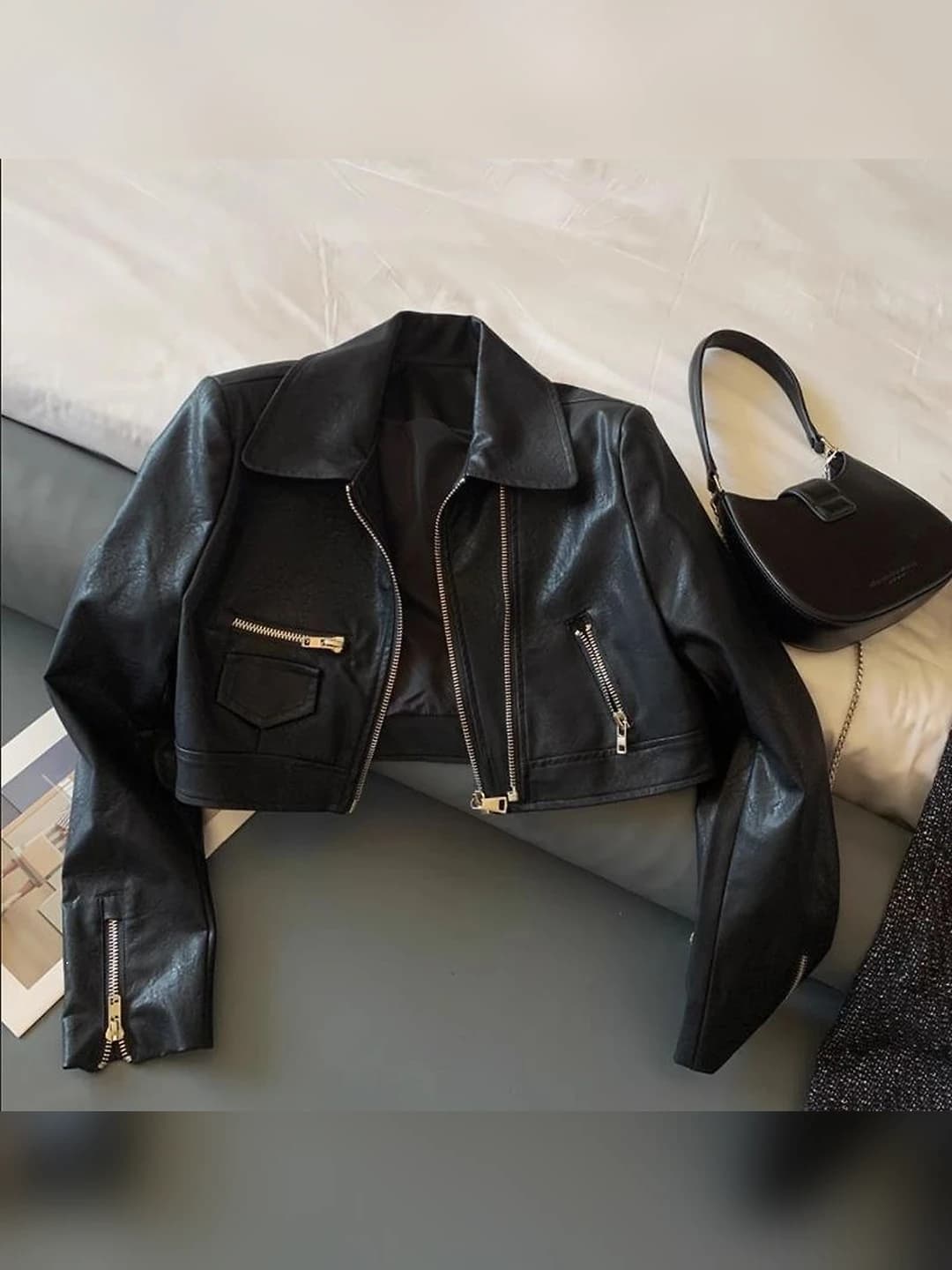 Women's PU jacket, autumn, cropped, slim fit, zip closure, high waist
