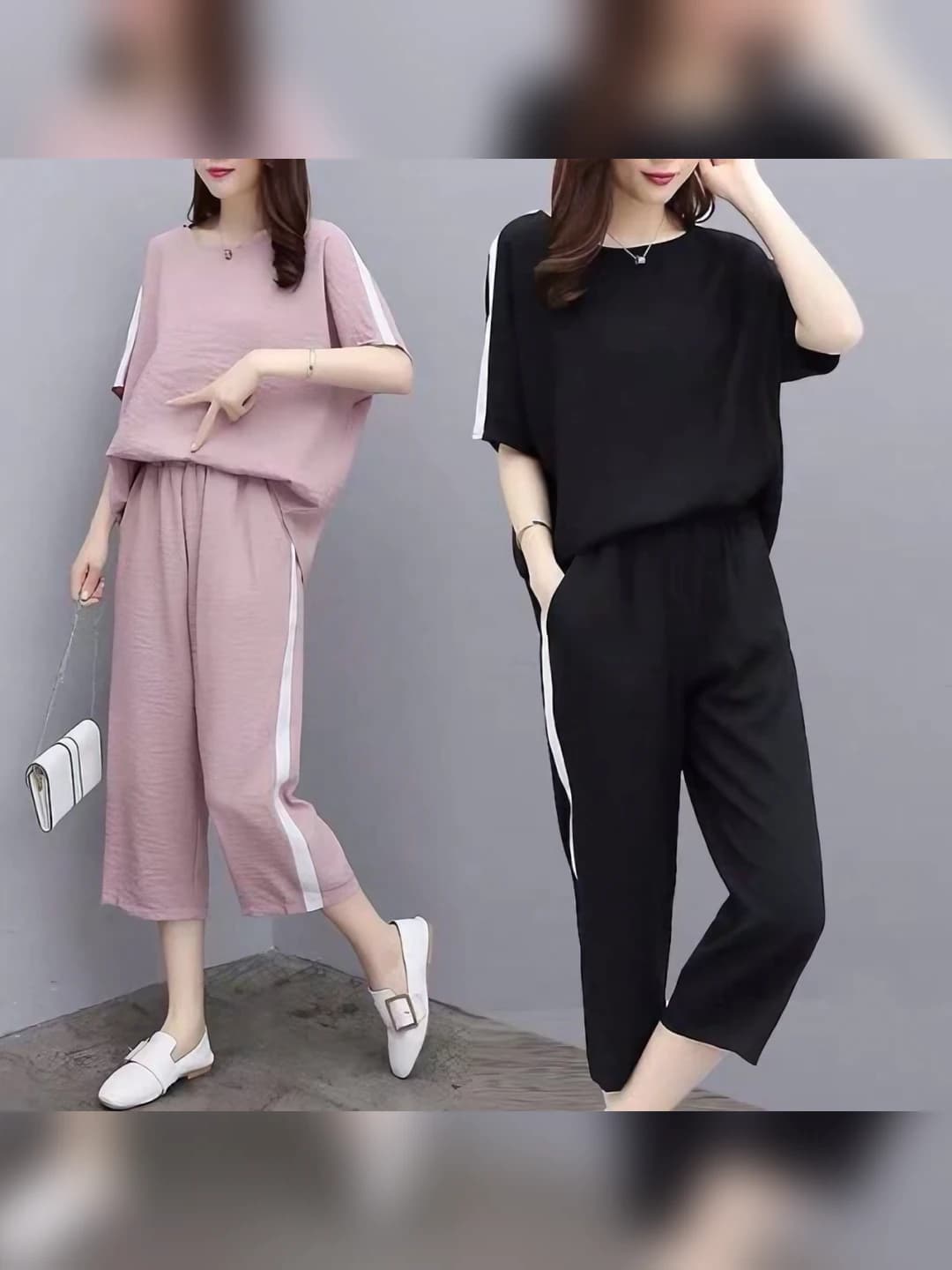 Ayollar uchun yozgi koreys uslubidagi katta o'lchamli bo'sh (oversize) kundalik to'plam: kalta yengli ko'ylak va uch chorak shim