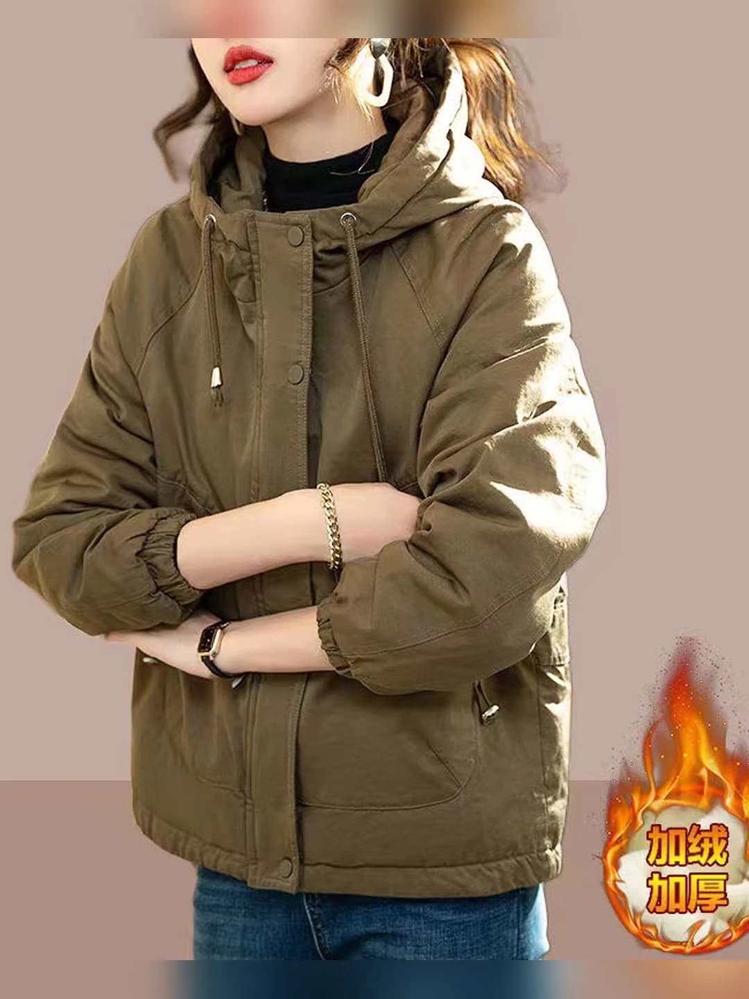 Women's winter padded jacket: fleece-lined, thickened, Korean style, loose fit, for petite