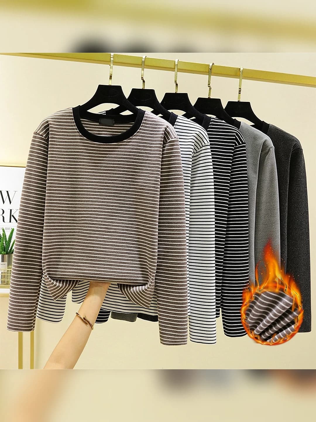 Women's autumn-winter striped fleece-lined thickened slim fit crew neck long sleeve long-sleeve base top, plus size