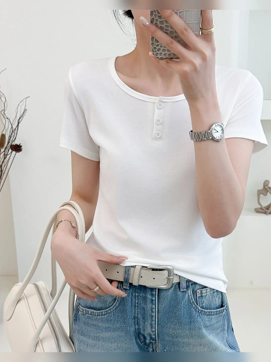 Women's short-sleeve t-shirt, stretch, spring-summer, slimming, solid colour, crew neck, slim fit
