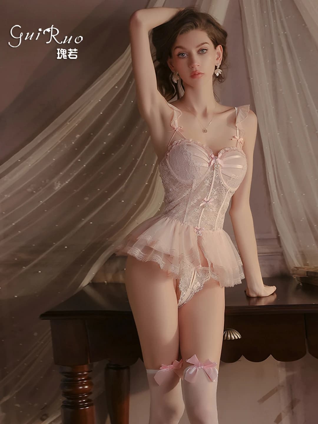 Women's lace and mesh nightgown set with built-in pads, 100% nylon