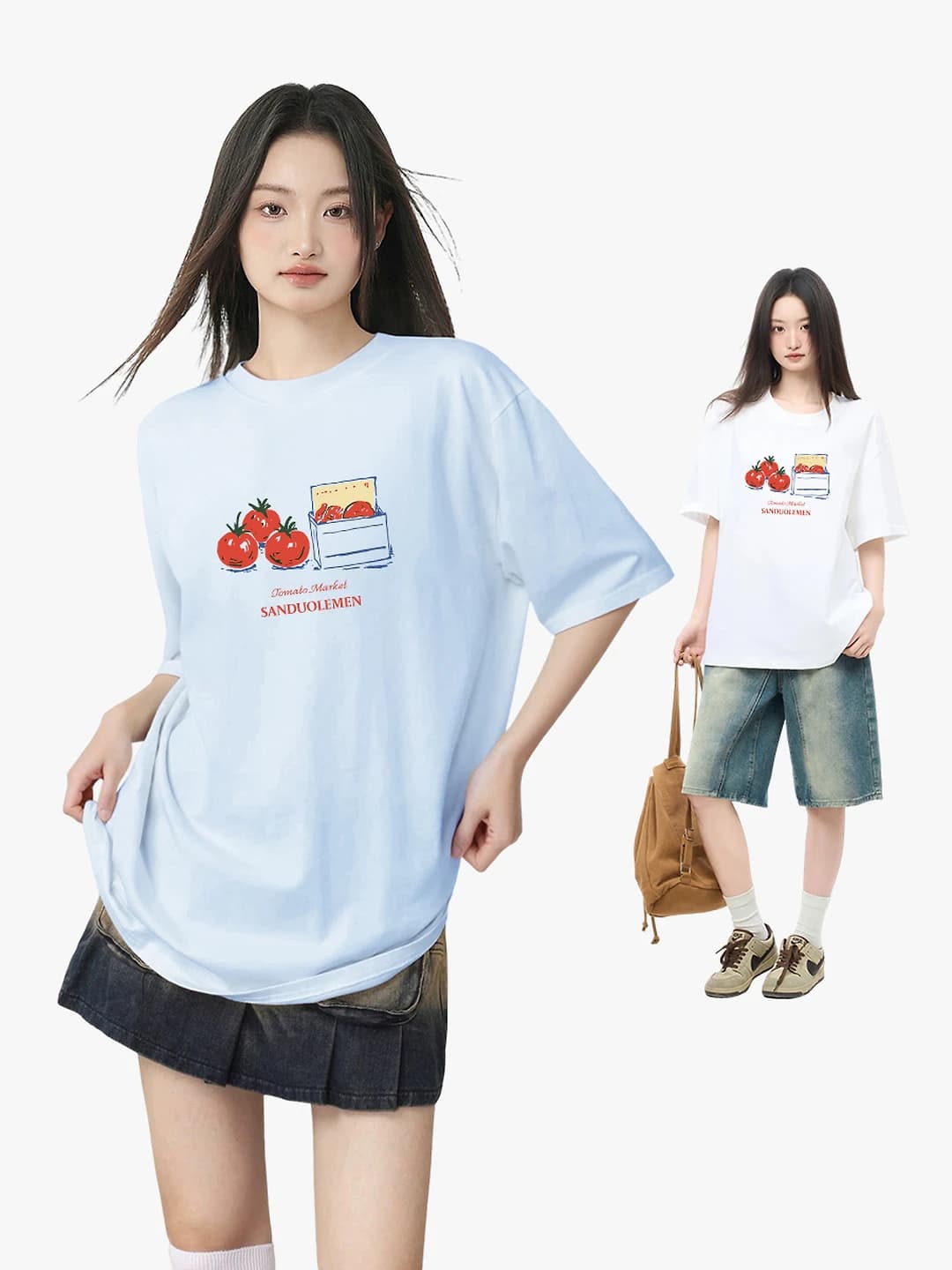 Ayollar uchun yozgi bosma naqshli kalta yengli futbolka, dumaloq yoqa, bo'sh (oversize) kesim, kundalik uslub