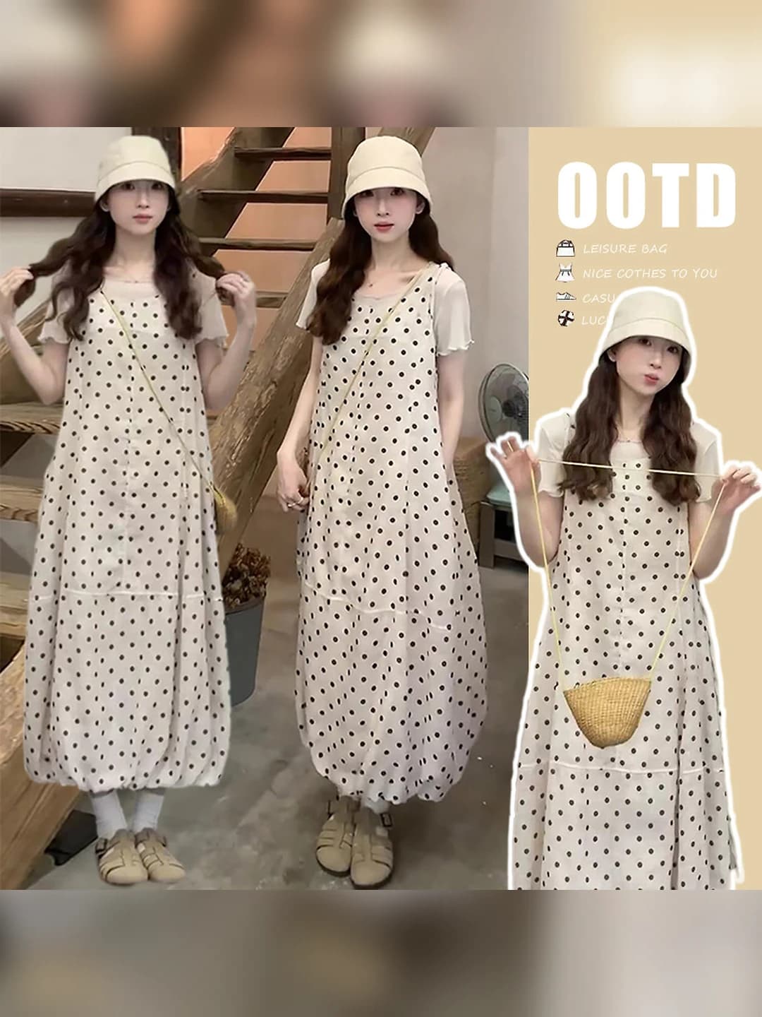 Ayollar uchun 2026 yozgi yozgi yubkali sarafan, to'plam (komplekt) ichida futbolka, to'g'ri yoqa, kalta yeng, polka-dot naqsh, o'rta uzunlikdagi yubka, polyester mato