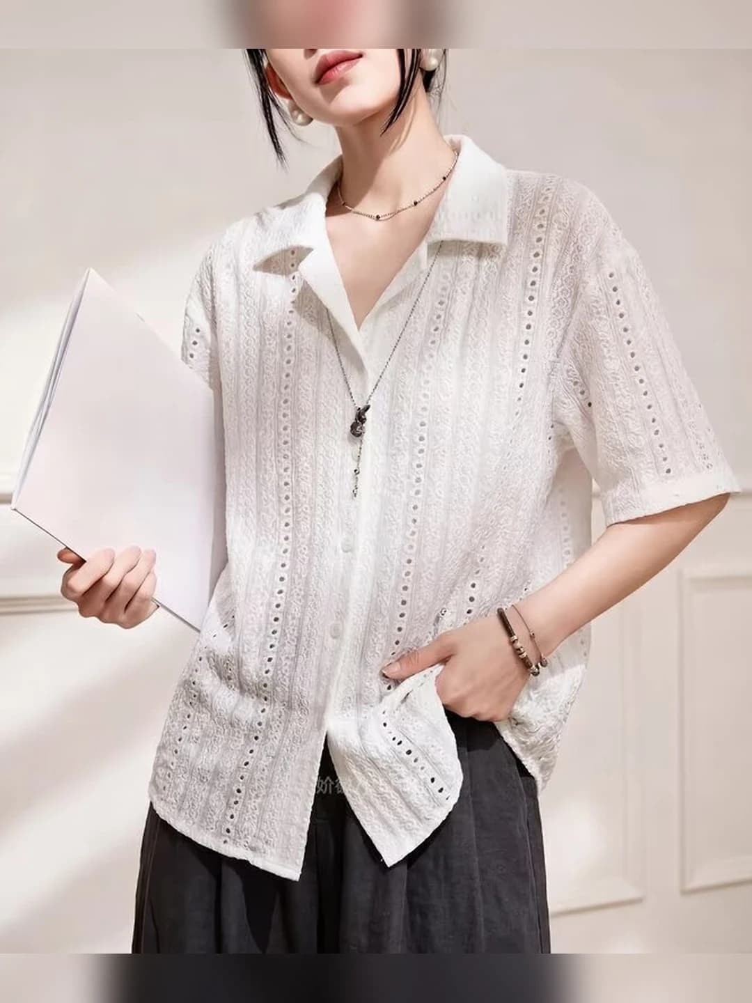 Women's summer loose fit casual shirt, lapel collar, short sleeve, retro style