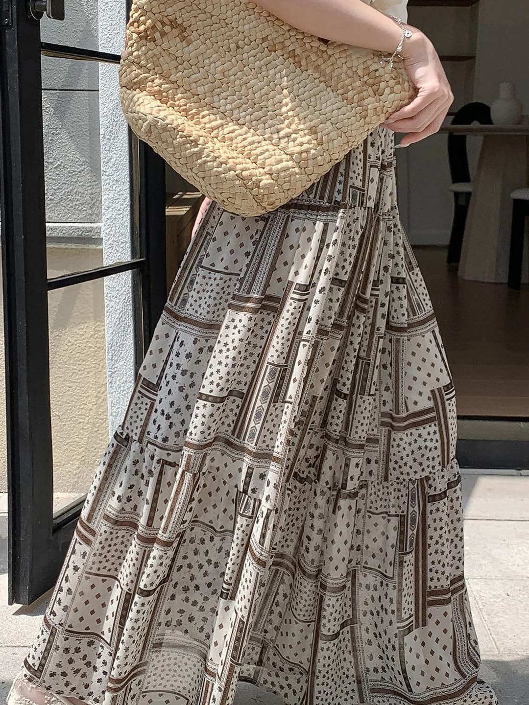 Women's summer retro printed high waist slimming A-line long skirt