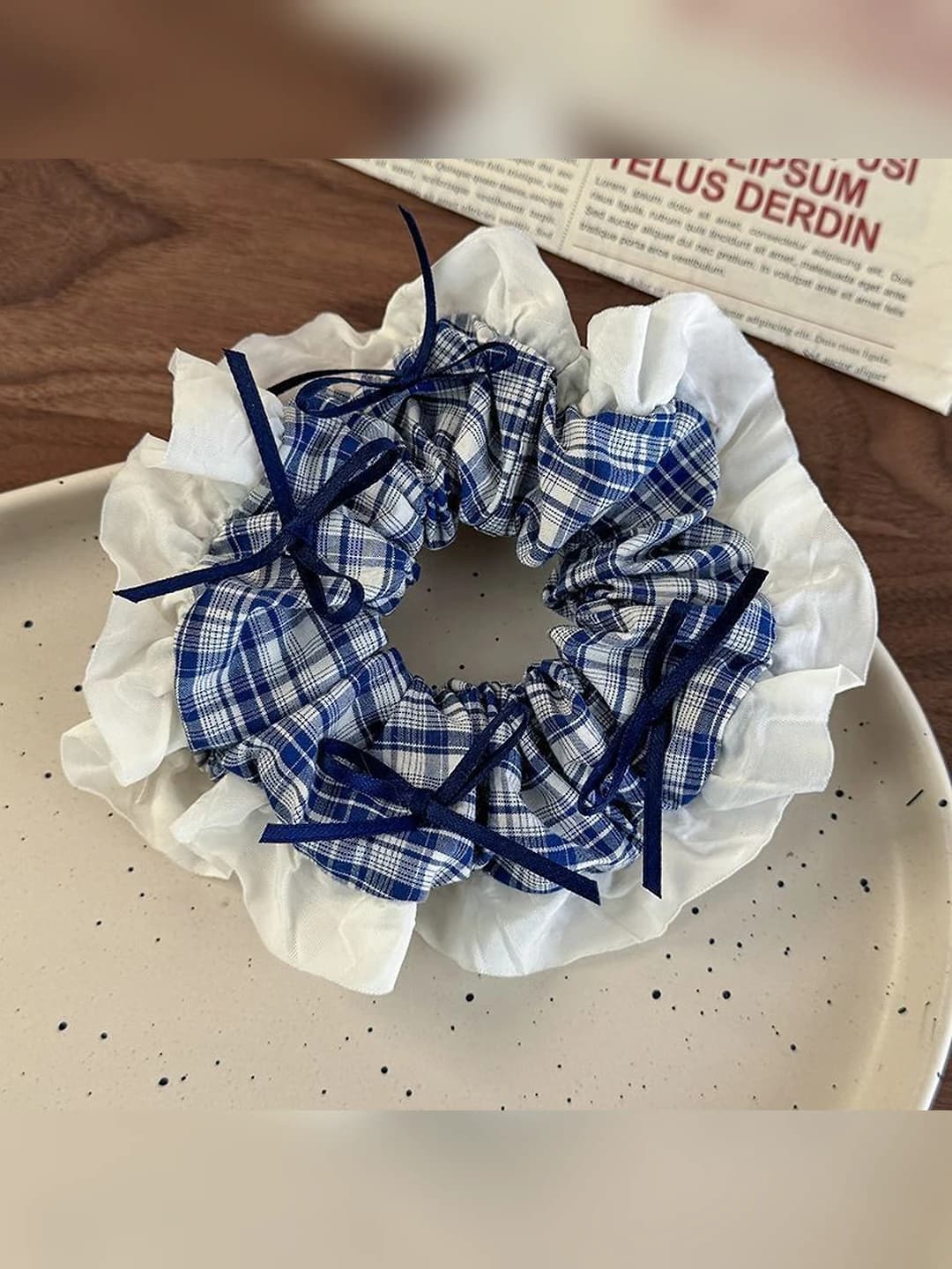 1# Navy plaid, white lace, ~13 cm