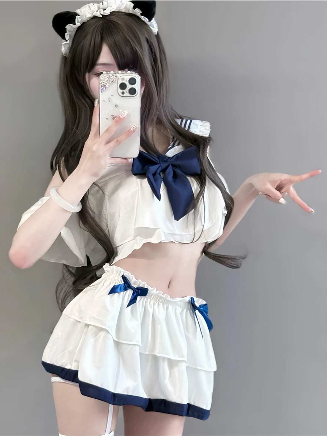 Ayollar uchun JK uslubidagi erotichki ichki kiyim to'plami (sailor crop top + ruffled skirt)
