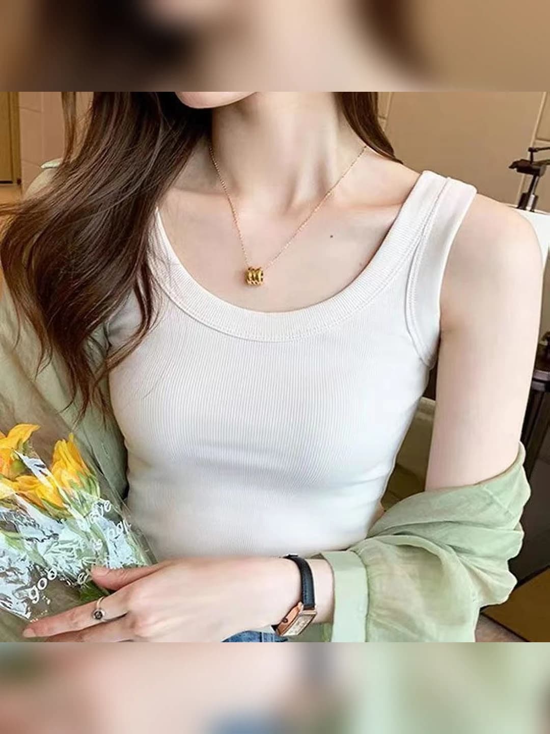 Women's ribbed cotton tank top with crew neck, slim fit, summer, for layering