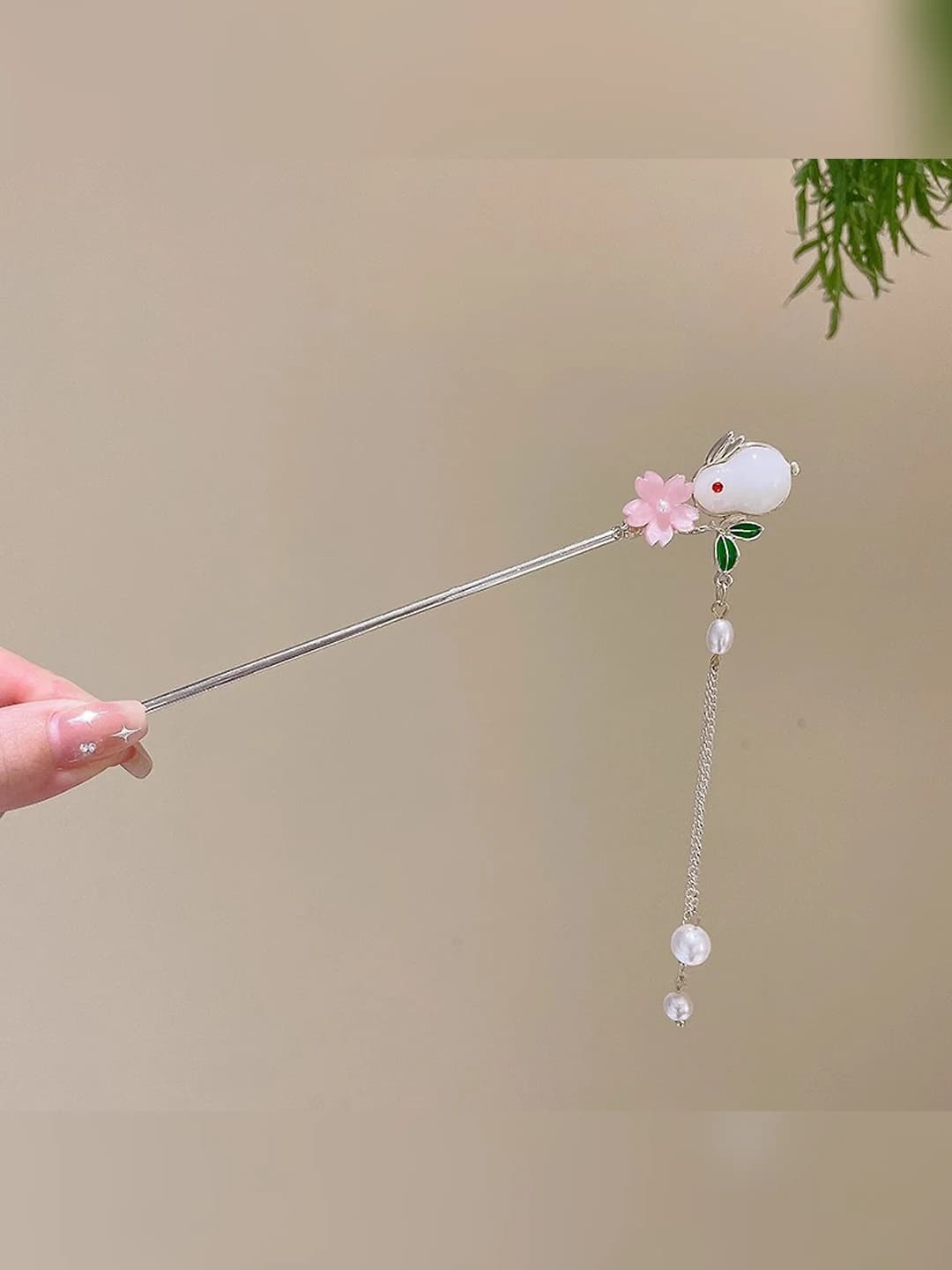 Jade and pink flower tassel hairpin